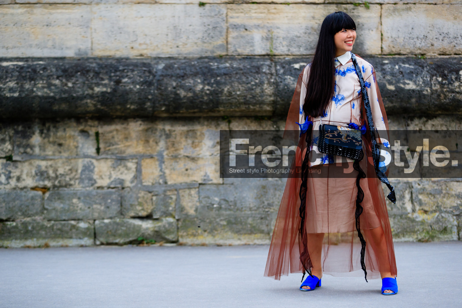 atmosphere details, black bag, blue shoes, brown dress, fashion week, frenchystyle, full length, FW, horizontal, jonathan paciullo, leather bag, leather shoes, PARIS, PFW, printed bag, printed shirt, see through, SPRING SUMMER 2017, SS 17, street style, studded bag, susie lau, tulle, white shirt