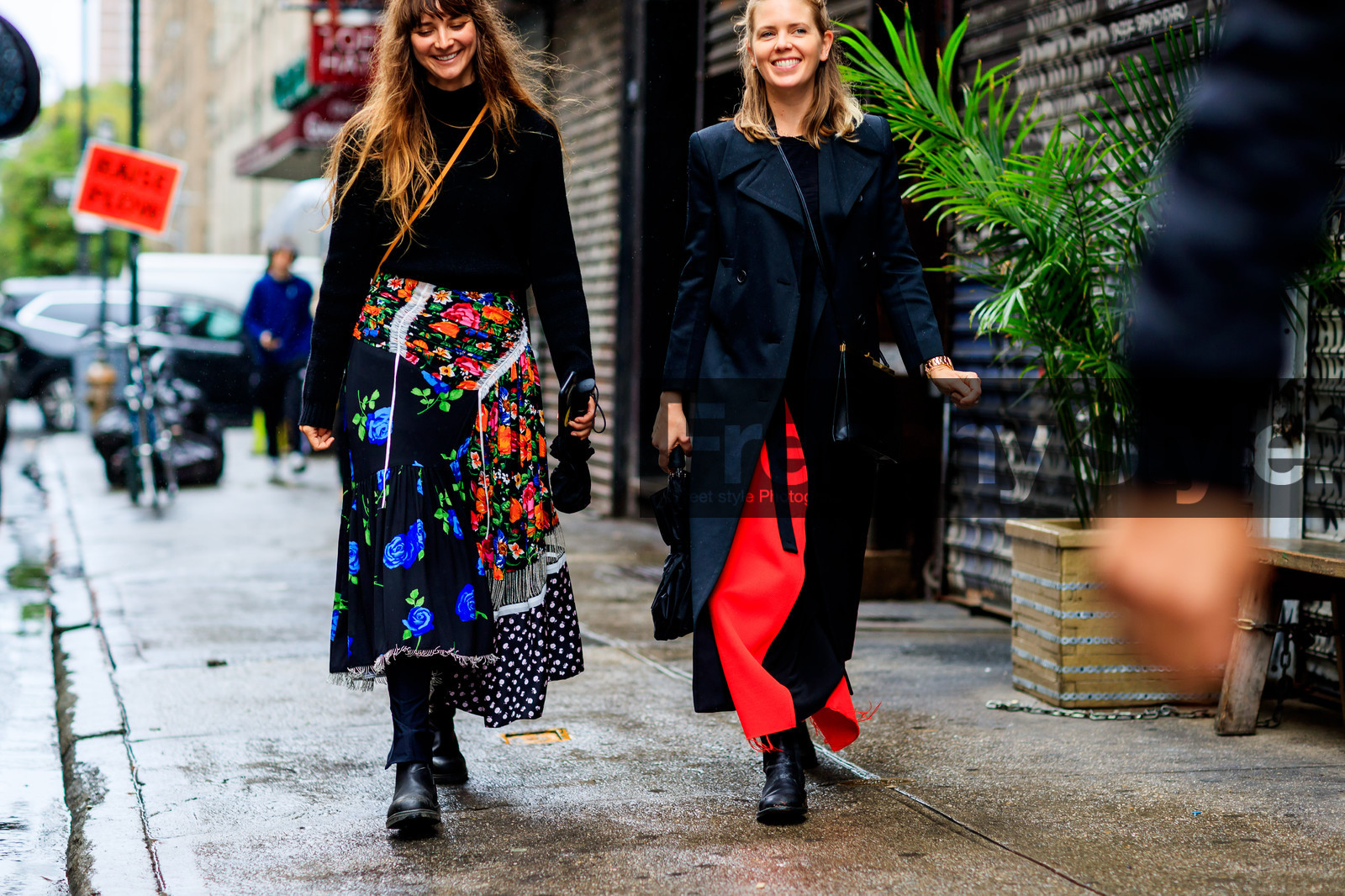 black coat, black dress, black shoes, black sweater, brie welch, floral, flowers, graphic skirt, leather bag, leather shoes, megan bowman grey, multicolor skirt, polka dot, printed skirt, red, trench coat, street style, jonathan paciullo, FW, frenchystyle, fashion week, NYFW, NEW YORK, SPRING SUMMER 2019, SS 19, atmosphere details, horizontal, detail
