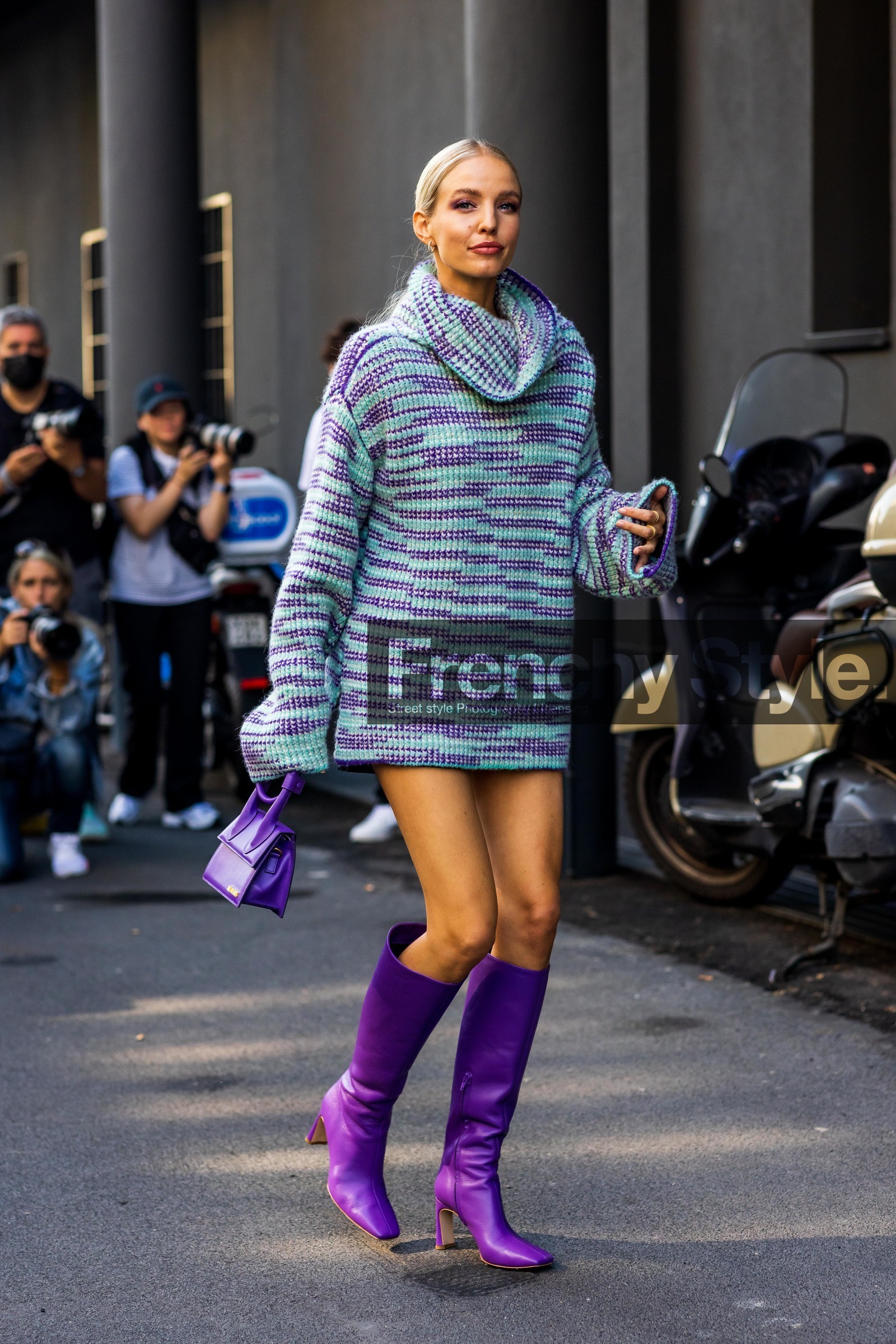 turtleneck, blue dress, jacquemus bag, knitted dress, leather bag, leather boots, Leonie Hanne, mini dress, purple bag, purple boots, striped dress, stripes, wool dress, colorful dress, knitwear, fashion week, frenchystyle, FW, jonathan paciullo, street style, SPRING SUMMER 2022, SS 22, MFW, MILAN, vertical, full length