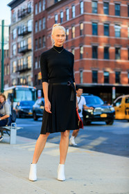 black skirt, black sweater, fashion week, frenchystyle, full length, FW, high heels, jonathan paciullo, karlie kloss, leather shoes, model, NEW YORK, NYFW, SPRING SUMMER 2018, SS 18, street style, vertical, white boots