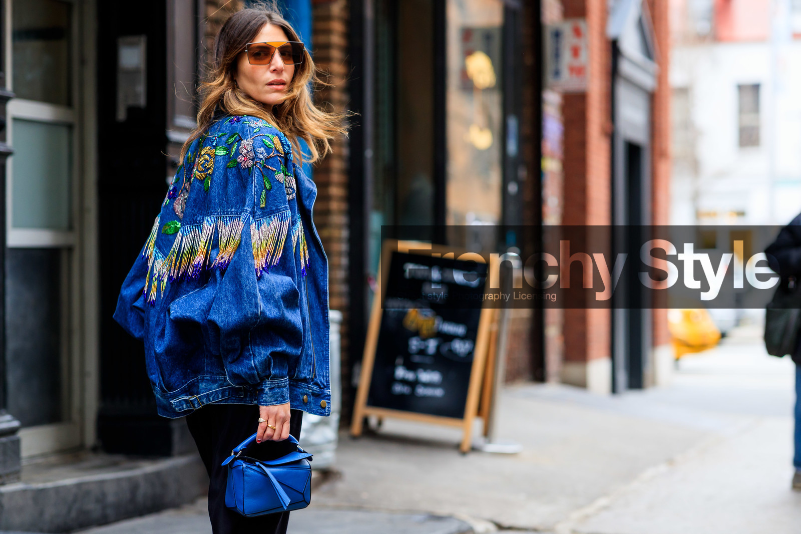 black pants, blue bag, blue denim, denim jacket, embroidered jacket, fringes, graphic jacket, jen wonders, leather bag, loewe, pearls, printed jacket, sunglasses, trousers, street style, jonathan paciullo, frenchystyle, NYFW, NEW YORK, AUTUMN WINTER 2019-2020, AW 19-20, FALL WINTER 2019-2020, FW 19-20, fashion week, FW, atmosphere details, horizontal, detail