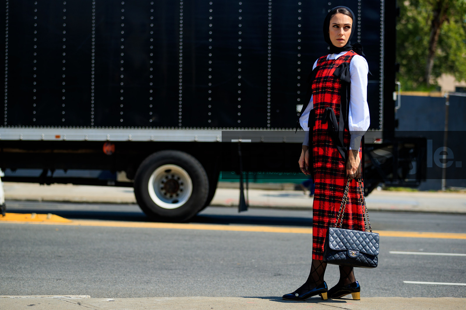 black bag, black ballerinas, black scarf, black shoes, chanel handbag, checked, graphic dress, headscarf, leather bag, leather shoes, plaid, printed dress, red dress, tartan, tights, white shirt, fashion week, frenchystyle, FW, jonathan paciullo, street style, NYFW, NEW YORK, SPRING SUMMER 2019, SS 19, atmosphere details, horizontal, full length
