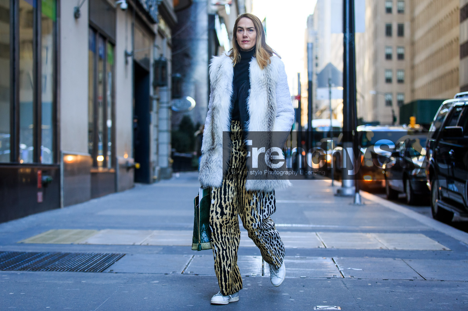 alligator, atmosphere details, AUTUMN WINTER 2016-2017, AW 16-17, black and gold, fashion week, frenchystyle, full length, fur coat, fur jacket, FW, FW 16-17, green bag, grey fur, horizontal, j.j martin, jonathan paciullo, leather bag, NEW YORK, NYFW, printed pants, stan smith, street style, white fur, woman