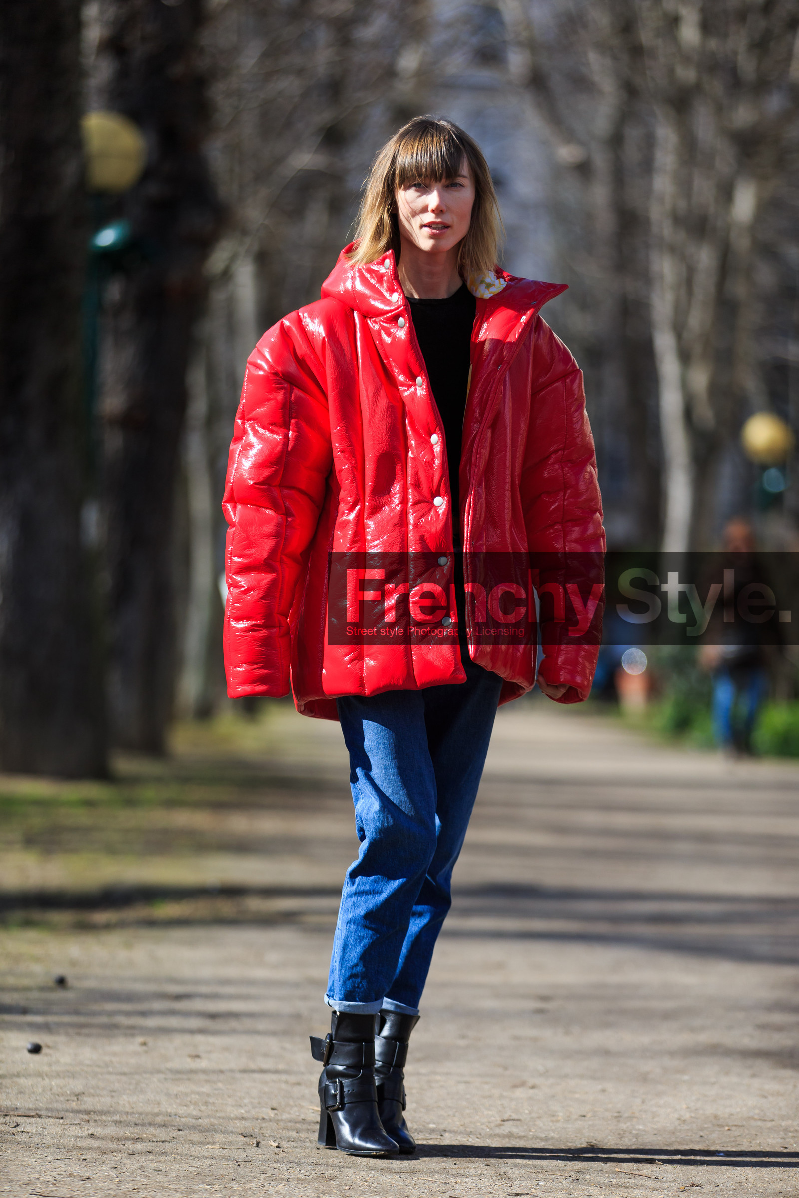 anya ziourova, AUTUMN WINTER 2016-2017, AW 16-17, black boots, blue denim, denim pants, down jacket, FALL WINTER 2016-2017, fashion week, frenchystyle, full length, FW, FW 16-17, high heels, jeans, jonathan paciullo, leather boots, oversize, PARIS, PFW, red coat, red jacket, street style, trousers, vertical