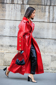 alexandra guerain, red coat, red trench coat, vinyl coat, vinyl pants, vinyl jacket, belted coat, belted jacket, belted trench coat, sheer shoes, prada bag, hand bag, black bag, high heels shoes, plastic shoes, PARIS, PFW, SPRING SUMMER 2020, SS 20, fashion week, frenchystyle, FW, jonathan paciullo, street style, vertical, full length
