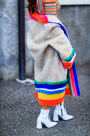 AUTUMN WINTER 2017-2018, AW 17-18, beige fur, detail, FALL WINTER 2017-2018, fashion week, frenchystyle, Fur coat, FW, FW 17-18, geometric, graphic coat, graphic jacket, graphic sweater, high heels, jonathan paciullo, leather shoes, MFW, MILAN, multicolor sweater, printed coat, printed jacket, printed sweater, street style, striped coat, striped sweater, stripes, vertical, white boots