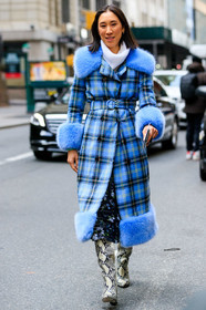eva chen, light blue coat, checked coat, plaid coat, fur coat, fur collar coat, belted coat, white pullover, turtleneck pullover, long skirt, sequins skirt, black skirt, floral printed skirt, animal skin boots, high boots, light beige leather boots, fashion week, frenchystyle, FW, jonathan paciullo, street style, NYFW, NEW YORK, AUTUMN WINTER 2020-2021, FALL WINTER 2020-2021, FW 20-21, vertical, full length