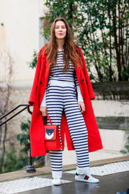 AUTUMN WINTER 2017-2018, AW 17-18, FALL WINTER 2017-2018, fashion week, frenchystyle, full length, FW, FW 17-18, g, graphic pants, graphic top, gucci, jonathan paciullo, leather bag, leather shoes, over the shoulder, PARIS, PFW, printed top, red bag, red coat, street style, striped pants, striped top, stripes, trousers, vertical, white sneakers