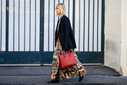black jacket, black shoes, blazer, brown belt, brown dress, graphic dress, leather bag, leather shoes, linda tol, printed dress, red bag, fashion week, frenchystyle, FW, jonathan paciullo, street style, PFW, PARIS, AUTUMN WINTER 2019-2020, AW 19-20, FALL WINTER 2019-2020, FW 19-20, horizontal, atmosphere details, full length