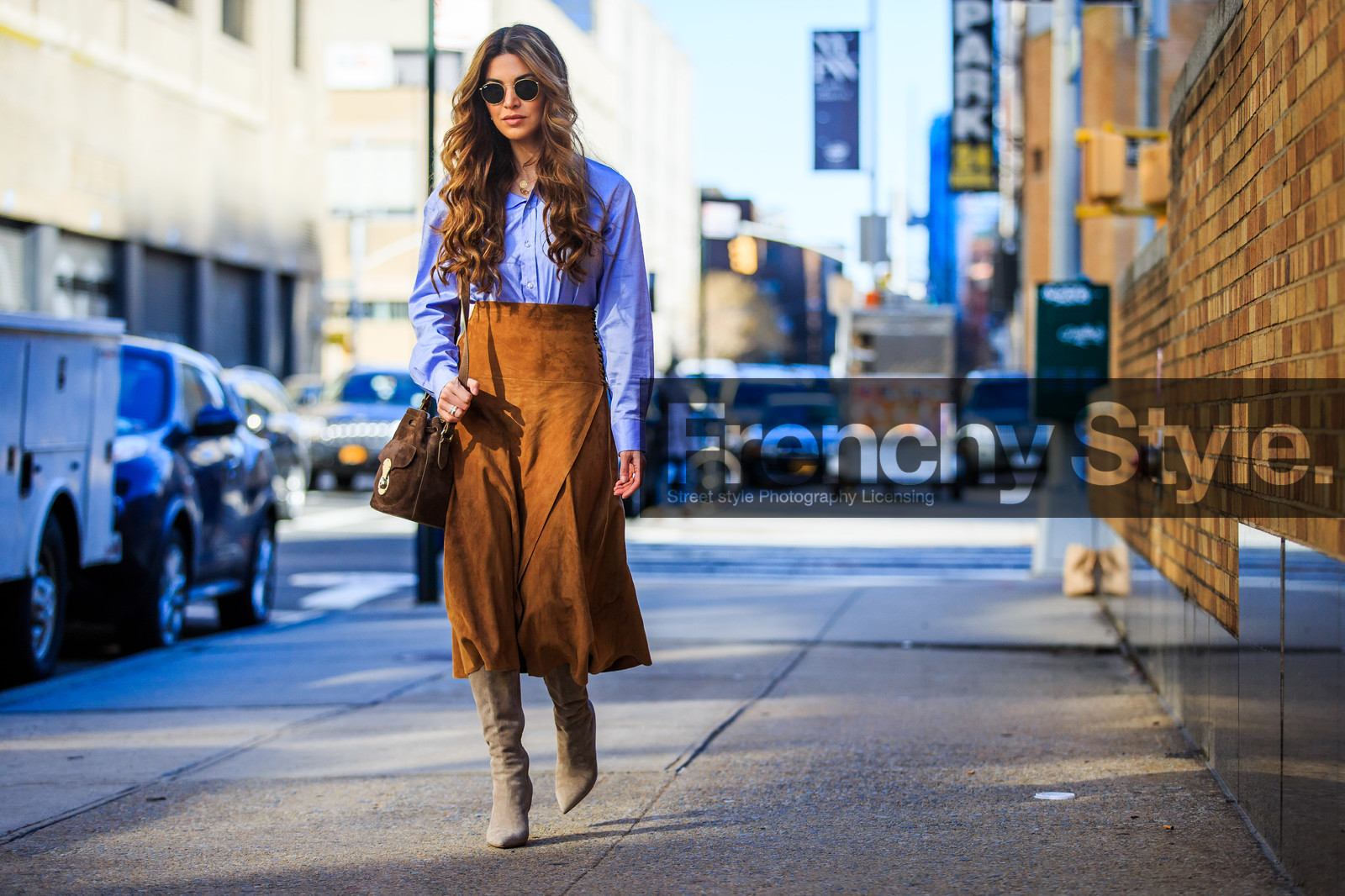 atmosphere details, AUTUMN WINTER 2016-2017, AW 16-17, beige boots, blue shirt, brown bag, brown skirt, curly hair, detail, fashion week, frenchystyle, FW, FW 16-17, high boots, high heels, horizontal, jonathan paciullo, leather bag, leather skirt, long hair, long skirt, negin mirsalehi, NEW YORK, NYFW, street style, suede bag, suede shoes, suede skirt, tucked in, woman