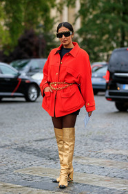 nausheen shah, red jacket, belted jacket, golden chain belt, chain belt, chain strap sunglasses, futurist shape sunglasses, jacket dress, black tights, golden boots, high boots, bicolor boots, chanel belt, chanel jacket, chanel boots, chanel sunglasses, chanel total look, PARIS, PFW, SPRING SUMMER 2020, SS 20, fashion week, frenchystyle, FW, jonathan paciullo, street style, vertical, full length