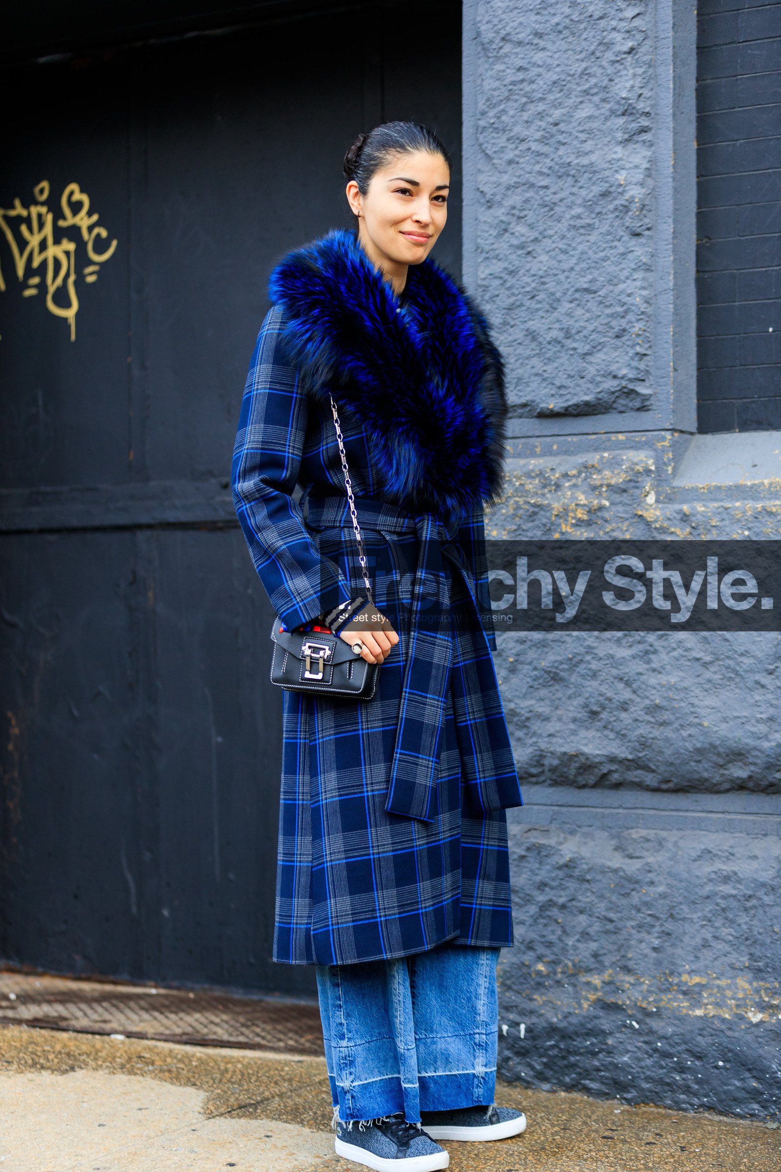 AUTUMN WINTER 2017-2018, AW 17-18, black bag, blue coat, blue denim, checked coat, denim pants, FALL WINTER 2017-2018, fashion week, frenchystyle, full length, fur collar, FW, FW 17-18, jan-michael quammie, jeans, jonathan paciullo, leather bag, NEW YORK, NYFW, plaid, street style, tanya taylor, tartan, trousers, vertical