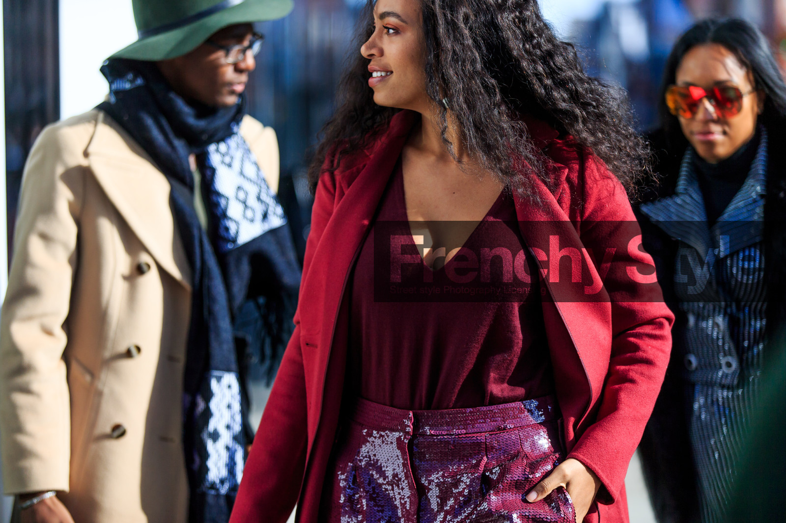 atmosphere details, AUTUMN WINTER 2016-2017, AW 16-17, bordeaux, detail, embroidered pants, fashion week, frenchystyle, FW, FW 16-17, horizontal, jonathan paciullo, NEW YORK, NYFW, red, red coat, red jacket, red pants, red sweater, red top, sequined pants, solange knowles, street style, tone on tone, total look red, woman