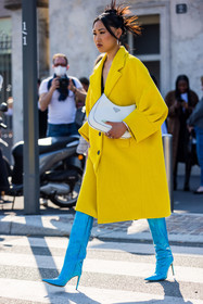 Jaime Xie, blue boots, color, colorblock, white bag, bag, leather boots, oversize coat, prada bag, wool coat, yellow coat, boots, fashion week, frenchystyle, FW, jonathan paciullo, street style, SPRING SUMMER 2022, SS 22, MFW, MILAN, vertical, full length