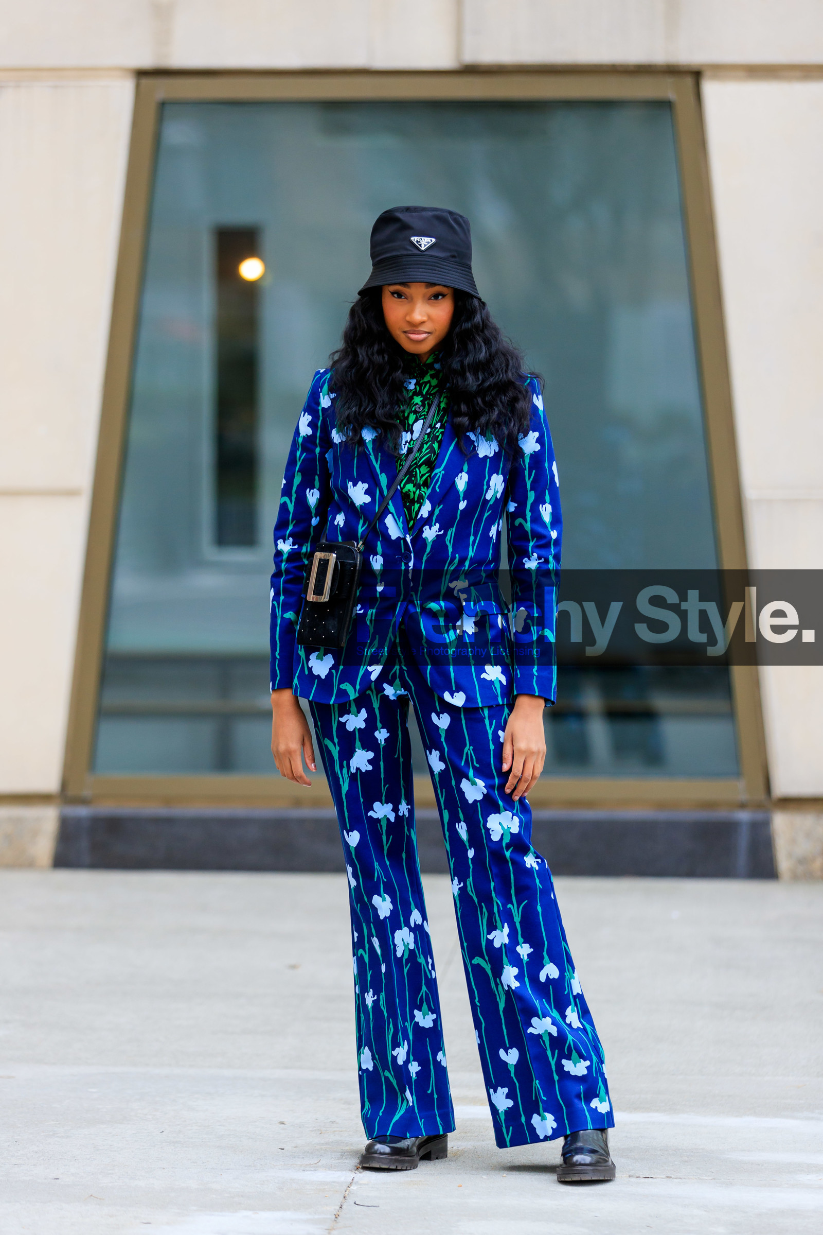 candace marie, black hat, prada hat, navy blue jacket, navy blue pants, navy blue suits, floral printed jacket, floral printed pants, floral printed shirt, green shirt, light blue jacket, light blue pants, light blue suits, fur bag, black bag, studs details bag, big buckle bag, crossbody bag, mini bag, fashion week, frenchystyle, FW, jonathan paciullo, street style, NYFW, NEW YORK, AUTUMN WINTER 2020-2021, FALL WINTER 2020-2021, FW 20-21, vertical, full length