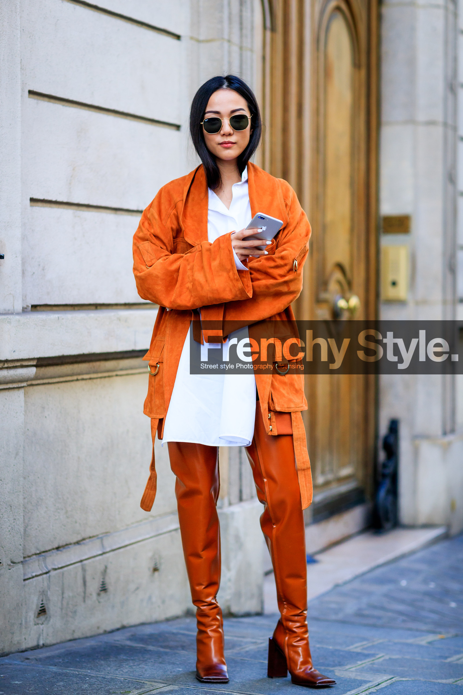 AUTUMN WINTER 2017-2018, AW 17-18, FALL WINTER 2017-2018, fashion week, frenchystyle, full length, FW, FW 17-18, high boots, high heels, jonathan paciullo, leather shoes, orange jacket, orange shoes, PARIS, PFW, street style, suede jacket, sunglasses, vertical, white shirt, yoyo cao