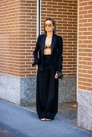 fendi bra, black suit, black blazer, baggt pants, higwaist trousers, fendi mini bag, fendi look, yellow sunglasses, overlayed necklaces, fendi earrings, minimal look, mini black bag, black sandals, alexandra guerain, fashion week, frenchystyle, FW, jonathan paciullo, street style, MFW, MILAN, FALL WINTER 2022_2023, AUTUMN WINTER 2022-2023, FW 22-23, vertical, full length