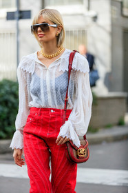 xenia adonts, big sunglasses, white sunglasses, futurist shape sunglasses, smoked sunglasses, louis vuitton sunglasses, golden necklace, big chain necklace, white shirt, white blouse, plumetis blouse, plumetis shirt, ruffle blouse, ruffle shirt, sheer boots, sheer shirt, golden earrings, multi earrings, hoop earrings, mini hoop earrings, diamond earrings, stone earrings, green earrings, anissa kermiche earrings, shoulder bag, etro bag, red leather bag, brown leather bag, cachemere printed bag, red pants, red jeans, striped jeans, striped pants, mugler pants, patchwork jeans, patchwork pants, fashion week, frenchystyle, FW, jonathan paciullo, street style, MFW, MILAN, AUTUMN WINTER 2020-2021, FALL WINTER 2020-2021, FW 20-21, vertical, atmosphere details, detail