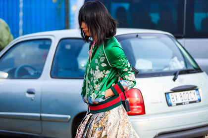 atmosphere details, AUTUMN WINTER 2016-2017, AW 16-17, detail, embroideries, FALL WINTER 2016-2017, fashion week, floral, flower, frenchystyle, FW, FW 16-17, graphic skirt, green jacket, gucci, horizontal, jonathan paciullo, LFW, LONDON, long skirt, margaret, zhang, MENSWEAR, pleated skirt, printed jacket, printed skirt, satin, silk skirt, street style, stripes, teddy jacket