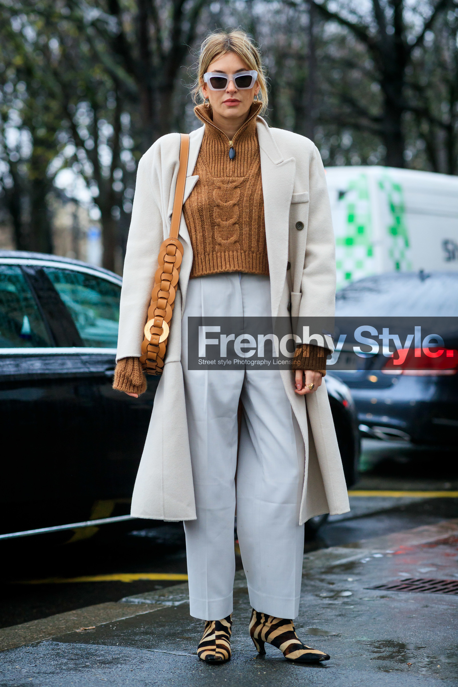 camille charriere, white coat, white sunglasses, camel pullover, camel leather bag, shoulder bag, zipped pullover, turtleneck pullover, loewe sunglasses, sheer sunglasses, white pants, cropped pullover, butterfly sunglasses, carrot pants, zebra printed shoes, fur boots, striped boots, beige boots, brown boots, kitten heels boots, fashion week, frenchystyle, FW, jonathan paciullo, street style, PFW, PARIS, AUTUMN WINTER 2020-2021, FALL WINTER 2020-2021, FW 20-21, vertical, full length