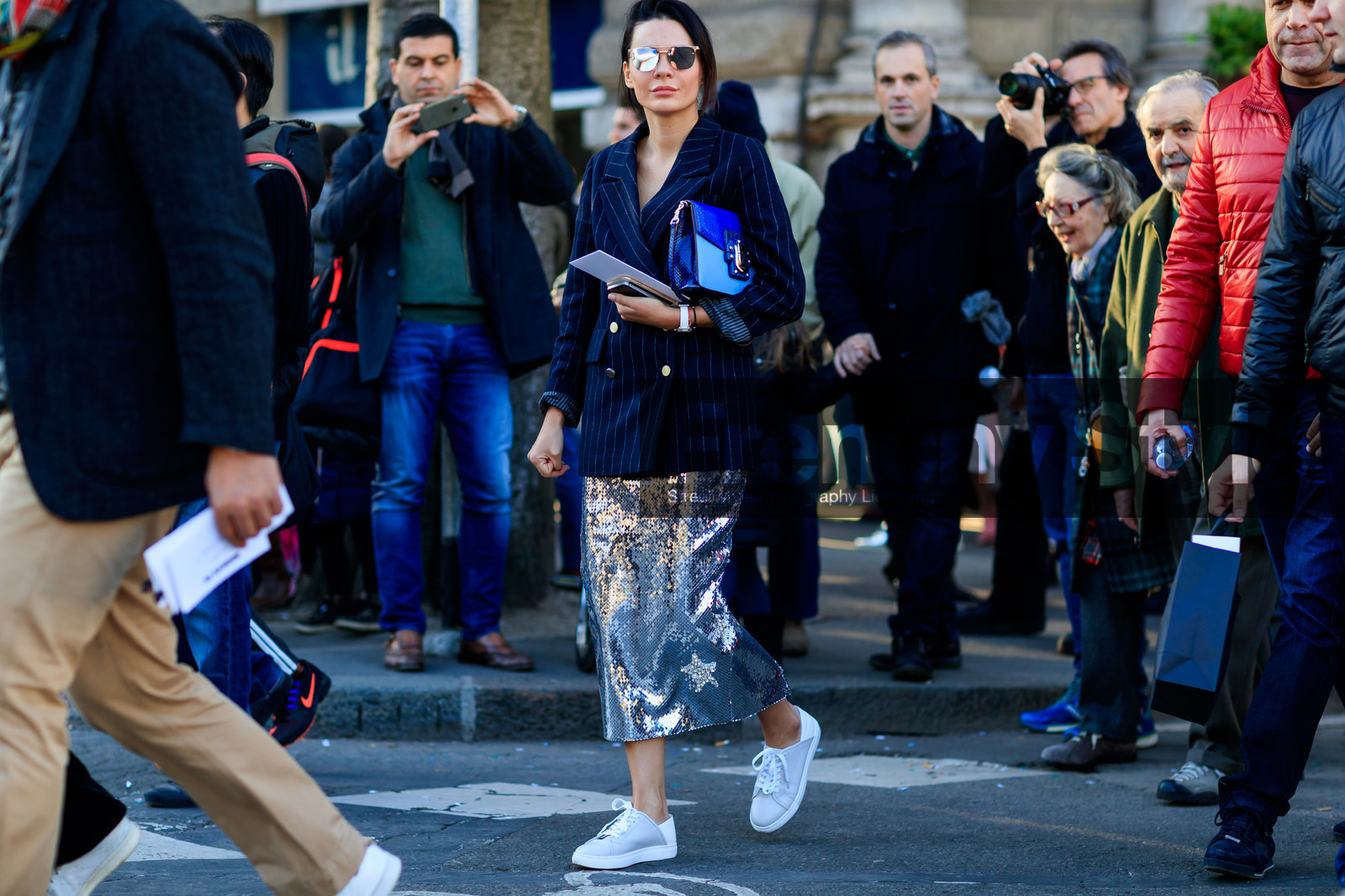 atmosphere details, AUTUMN WINTER 2017-2018, AW 17-18, blazer, blue bag, blue jacket, FALL WINTER 2017-2018, fashion week, frenchystyle, full length, FW, FW 17-18, glitter, graphic jacket, horizontal, jonathan paciullo, leather bag, leather shoes, leather sneakers, MFW, MILAN, printed jacket, shiny skirt, silver skirt, street style, striped jacket, sunglasses, white sneakers