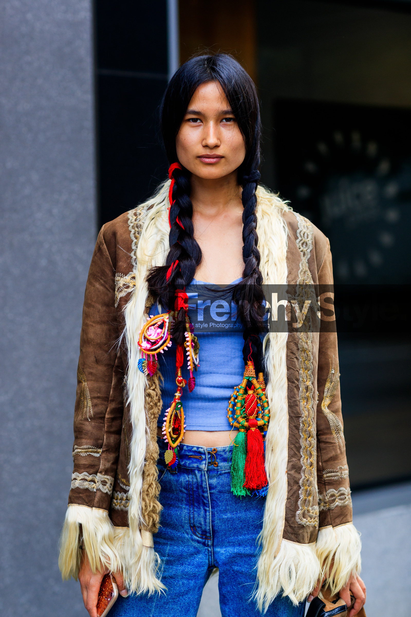 atmosphere details, blue denim, blue tank top, braids, brown jacket, denim pants, detail, fashion week, frenchystyle, fur collar, FW, hair jewels, jeans, jonathan paciullo, model, NEW YORK, NYFW, shearling, SPRING SUMMER 2018, SS 18, street style, trousers, varsha thapa, vertical