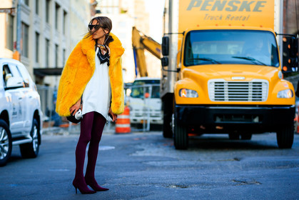 atmosphere details, fashion week, frenchystyle, full length, fur jacket, FW, high heels, horizontal, jonathan paciullo, leather shoes, NEW YORK, NYFW, printed scarf, SPRING SUMMER 2018, SS 18, street style, sunglasses, tights, white dress, yellow fur, yellow jacket
