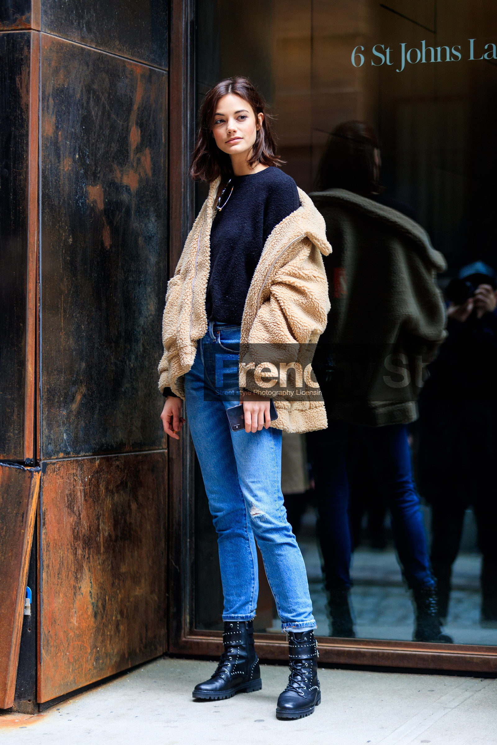 beige coat, black shoes, black sweater, blue denim, denim pants, jeans, leather shoes, off the shoulder, shearling, trousers, street style, jonathan paciullo, FW, frenchystyle, fashion week, NYFW, NEW YORK, AUTUMN WINTER 2018-2019, AW 18-19, FALL WINTER 2018-2019, FW 18-19, vertical, full length, model