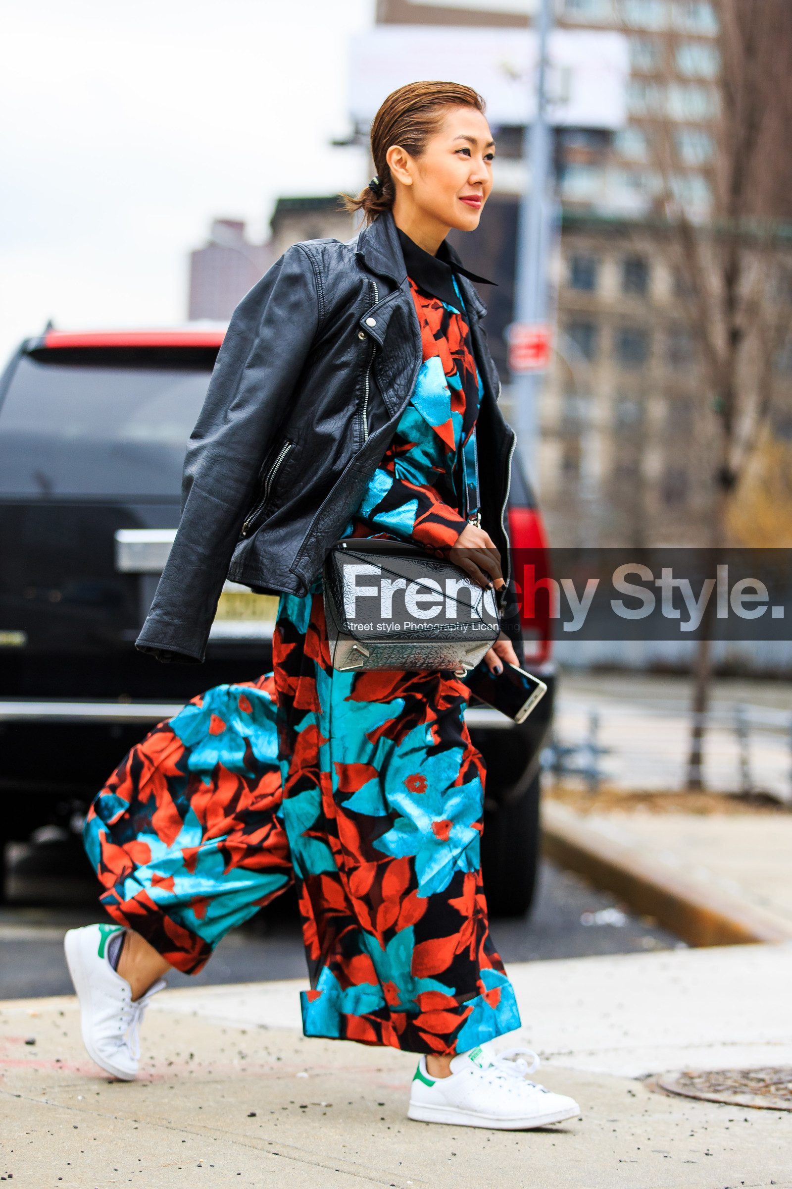 adidas, AUTUMN WINTER 2016-2017, AW 16-17, black, black jacket, black perfecto, fashion week, floral, flower, frenchystyle, full length, FW, FW 16-17, jonathan paciullo, leather bag, leather jacket, leather perfecto, leather sneakers, liz yu, loewe, NEW YORK, NYFW, printed jumpsuit, printed pants, red, silver bag, stan smith, street style, turquoise, vertical, white sneakers, wide pants, woman