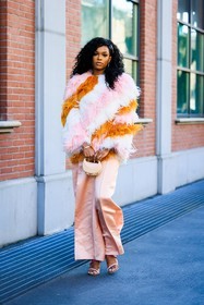 furry coat, multicolor coat, salmon pants, silk pants, baggy pants, mini fendi bag, pink mini bag, pink sandals, hair pin, fluffy coat, stripes coat, oversized pants, fashion week, frenchystyle, FW, jonathan paciullo, street style, MFW, MILAN, FALL WINTER 2022_2023, AUTUMN WINTER 2022-2023, FW 22-23, vertical, full length