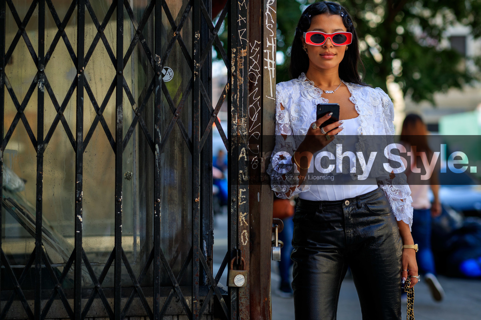 black pants, embroidered jacket, floral, flowers, lace, leather pants, loewe, necklace, rings, sunglasses, trousers, white jacket, white top, sami miro, street style, jonathan paciullo, FW, frenchystyle, fashion week, NEW YORK, NYFW, SPRING SUMMER 2020, SS 20, horizontal, atmosphere details, detail