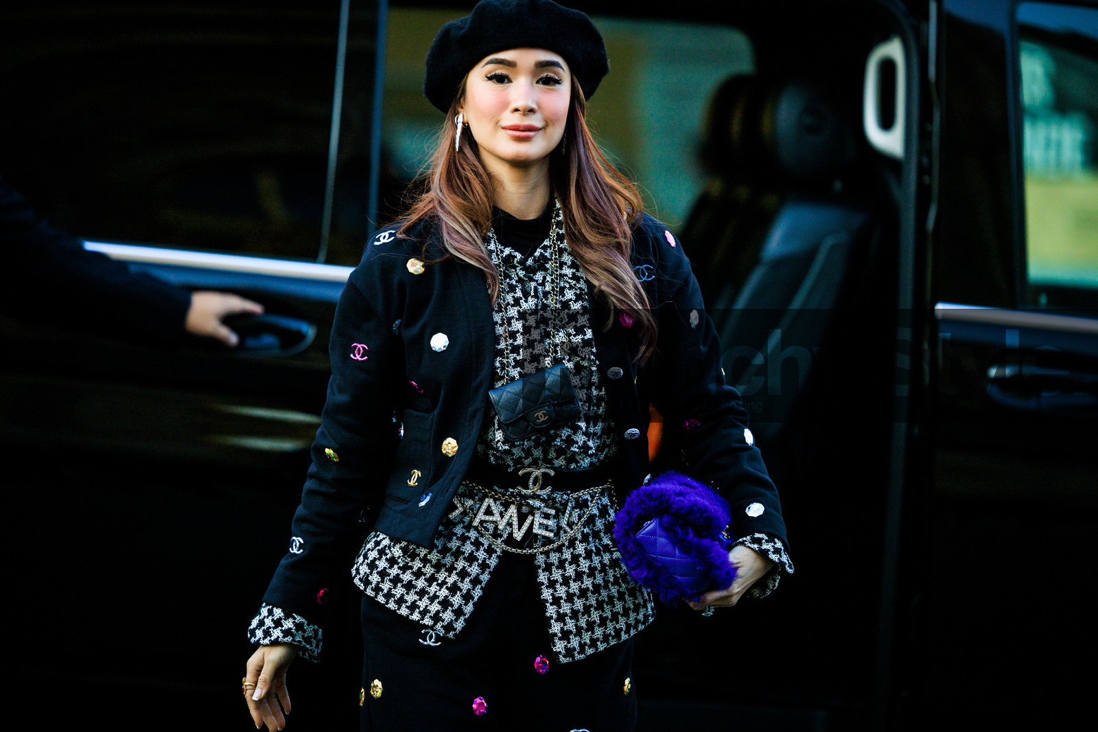 black beret; strass earrings; bkack jacket; short jacket; chanel jacket; multicolot jacket; multicolor pants; black trousers; chanel pants; multicolor studs pants; twee jacket; chanel jacket; mini bag; chanel mini bag; chanel belt; logo belt; chanel silver bet; blue handabag; chanel bag; furry bag; fluffy bafg; rings; close up