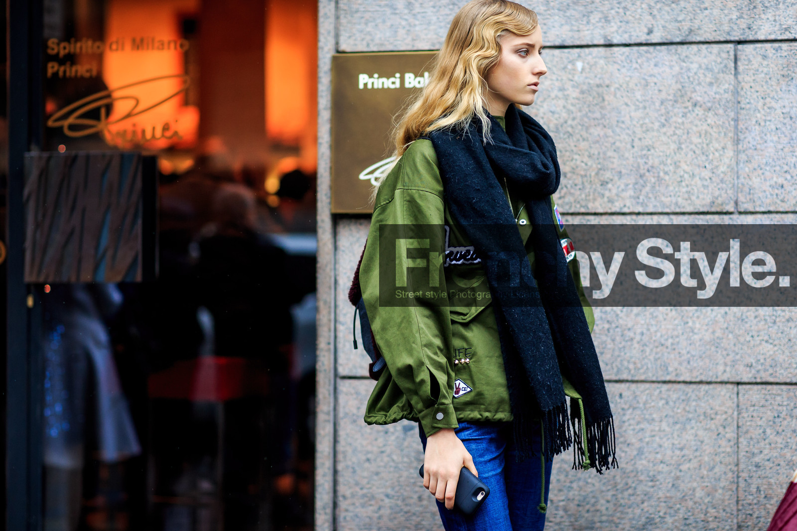 atmosphere details, AUTUMN WINTER 2016-2017, AW 16-17, black scarf, blue denim, denim pants, detail, embroidered jacket, FALL WINTER 2016-2017, fashion week, frenchystyle, FW, FW 16-17, green jacket, horizontal, jeans, jonathan paciullo, kaki jacket, LFW, LONDON, MENSWEAR, military jacket, model, street style, trousers