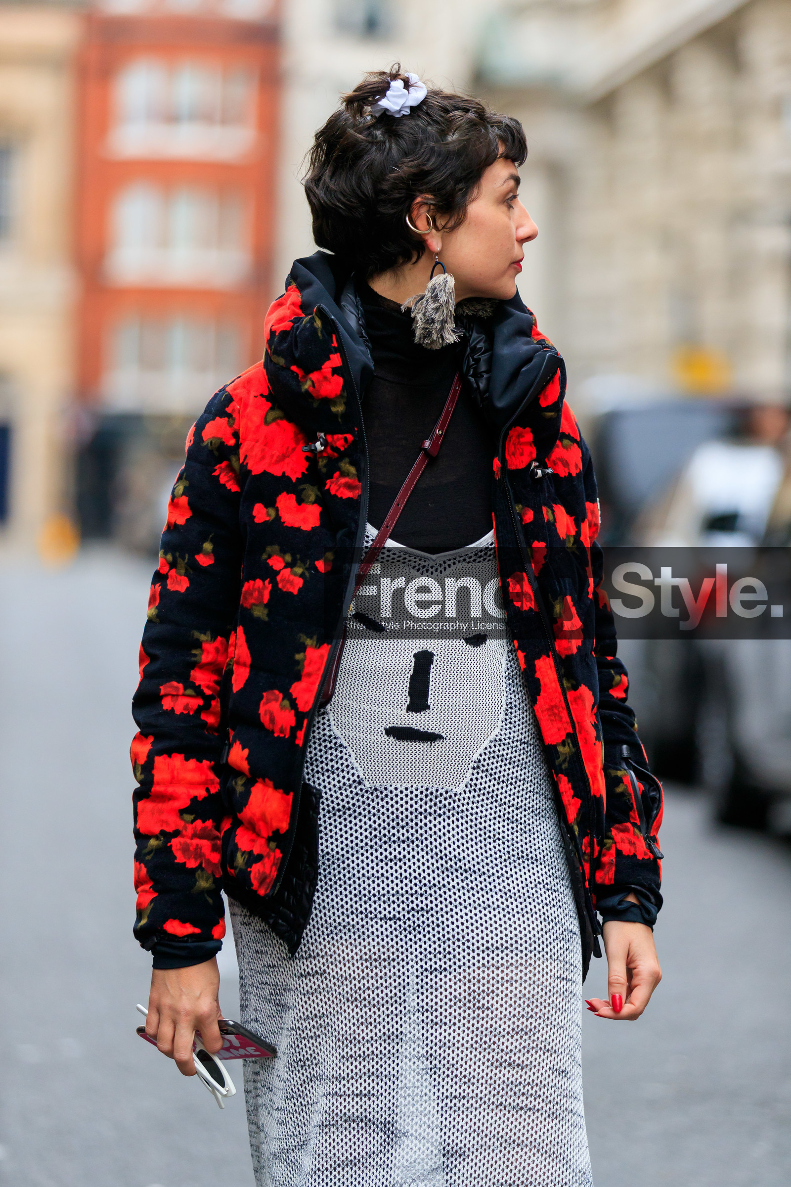 black sweater, down jacket, earrings, eva geraldine fontanelli, floral, flowers, graphic dress, graphic jacket, hood, knit dress, printed dress, printed jacket, red jacket, see through, white dress, street style, jonathan paciullo, FW, frenchystyle, fashion week, LFW, LONDON, AUTUMN WINTER 2019-2020, AW 19-20, FW 19-20, FALL WINTER 2019-2020, vertical, atmosphere details, detail