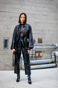 alexandra guerain, black leather jacket, black leather pants, black top, black polish boots, cropped jacket, high waist pants, carrot pants, belted pants, high boots, squared toed shoes, wedge boots, dior bag, dior saddle bag, monogrammed bag, hand bag, longchamps jacket, longchamps look, longchamps pants, fashion week, frenchystyle, FW, jonathan paciullo, street style, AUTUMN WINTER 2020-2021, FALL WINTER 2020-2021, FW 20-21, vertical, full length, NYFW, NEW YORK