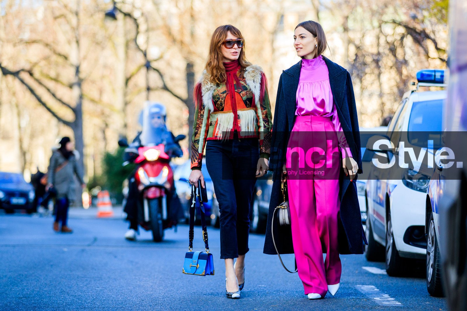 atmosphere details, AUTUMN WINTER 2017-2018, AW 17-18, black and white shoes, black coat, black denim, blue bag, chloe, denim pants, ece sukan, FALL WINTER 2017-2018, fashion week, frenchystyle, full length, FW, FW 17-18, giorgia tordini, high heels, horizontal, jeans, jonathan paciullo, leather bag, leather shoes, miu miu, natural fur, over the shoulder, PARIS, PFW, pink pants, pink shirt, prada, printed jacket, red jacket, street style, trousers, trousers: beige bag