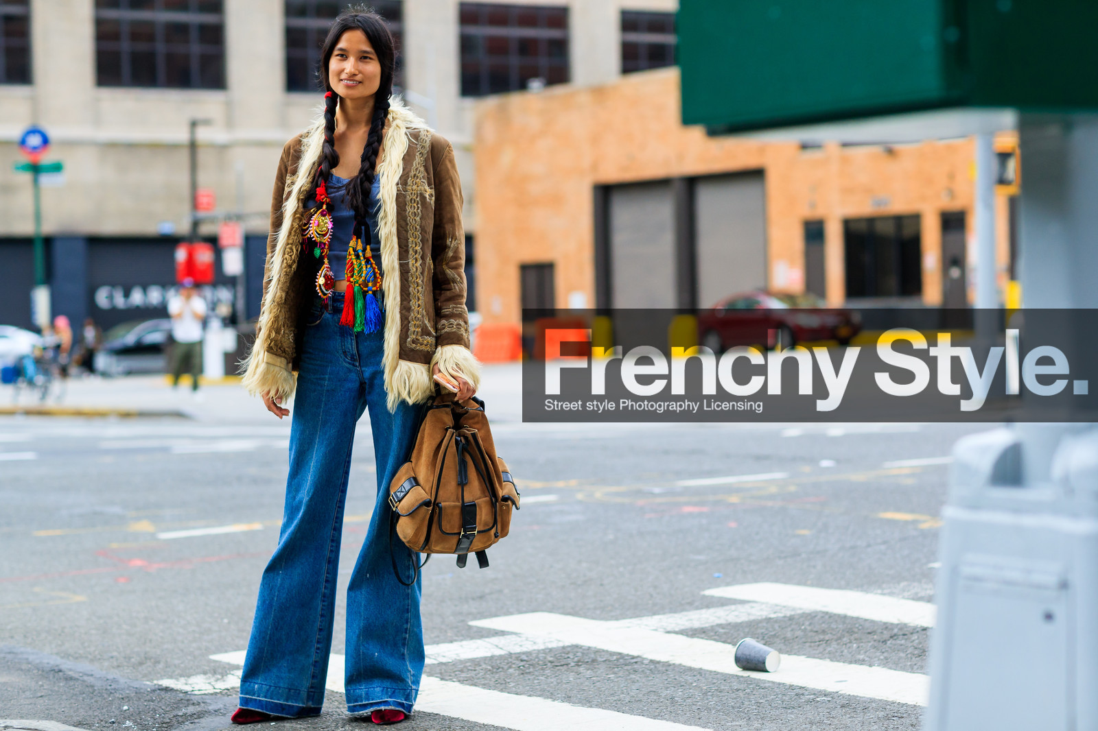 atmosphere details, blue denim, blue tank top, braids, brown bag, brown jacket, denim pants, fashion week, frenchystyle, full length, fur collar, FW, hair jewels, horizontal, jeans, jonathan paciullo, leather backpack, leather bag, model, NEW YORK, NYFW, shearling, SPRING SUMMER 2018, SS 18, street style, trousers, varsha thapa