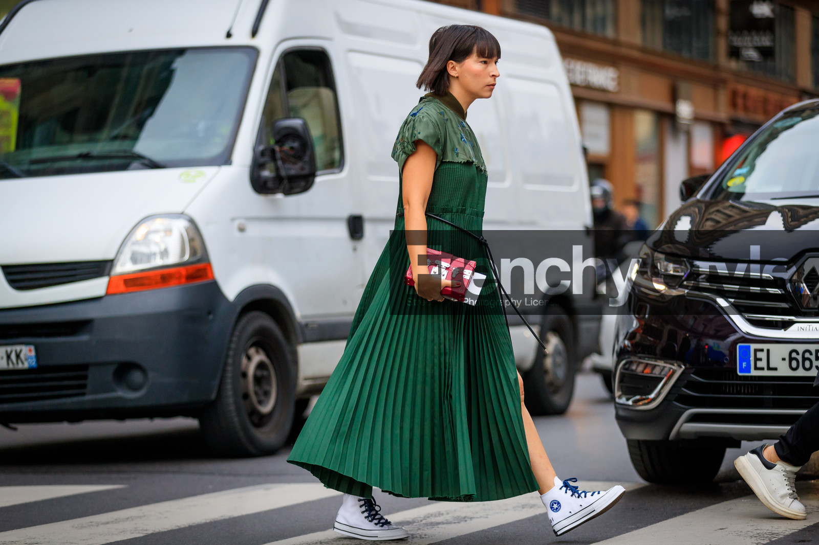 atmosphere details, converse, fashion week, frenchystyle, full length, FW, graphic bag, green dress, horizontal, jonathan paciullo, leather bag, leather shoes, louis vuitton, PARIS, PFW, pleated dress, printed bag, red bag, SPRING SUMMER 2018, SS 18, street style, white sneakers, clara cornet