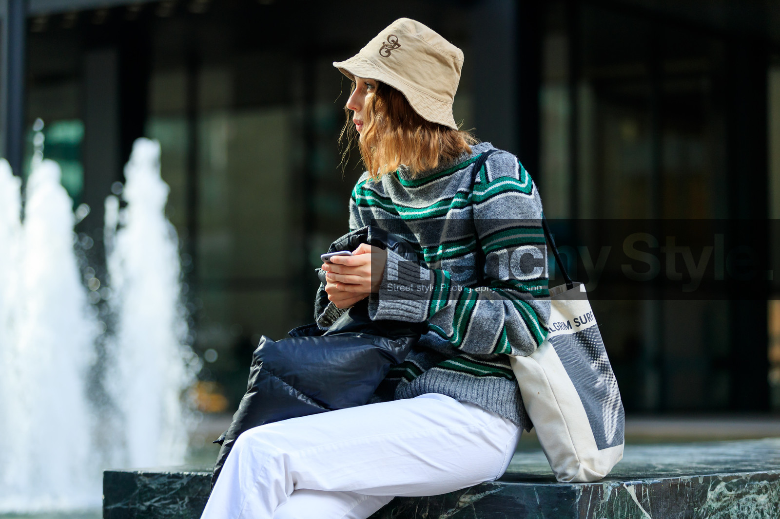 beige hat, black jacket, denim pants, down jacket, graphic bag, graphic sweater, grey sweater, jeans, printed bag, printed sweater, striped sweater, tote bag, trousers, white denim, street style, jonathan paciullo, FW, frenchystyle, fashion week, NYFW, NEW YORK, AUTUMN WINTER 2018-2019, AW 18-19, FALL WINTER 2018-2019, FW 18-19, atmosphere details, horizontal, detail, model