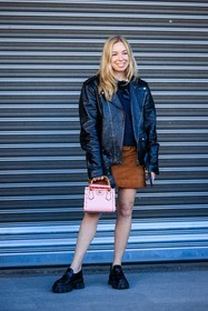 leather jacket, biker jacket, black jacket, mini skirt, brown skirt, black jumper, black sunglasses, chunky derbies, prada derbies, black derbies, gucci bag, pink handbag, bamboo gucci bag, caroline grosso, fashion week, frenchystyle, FW, jonathan paciullo, street style, vertical, full length