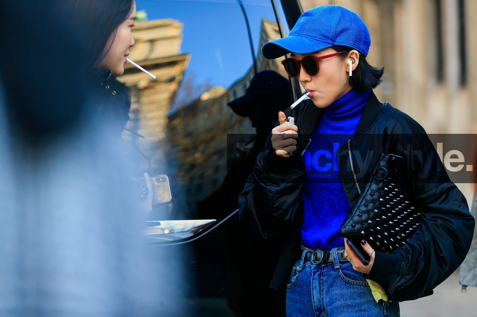 black bag, black belt, black jacket, blue cap, blue denim, blue sweater, bomber jacket, denim pants, jeans, leather bag, leather belt, sunglasses, trousers, turtleneck sweater, street style, jonathan paciullo, FW, frenchystyle, fashion week, LFW, LONDON, AUTUMN WINTER 2019-2020, AW 19-20, FW 19-20, FALL WINTER 2019-2020, horizontal, atmosphere details, detail
