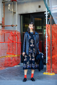 model, red lipstick, black dress, black leather jacket, embroidered dress, floral embroidered dress, smocked dress, long dress, red socks, black leather loafers, gucci shoes, fashion week, frenchystyle, FW, jonathan paciullo, street style, MFW, MILAN, AUTUMN WINTER 2020-2021, FALL WINTER 2020-2021, FW 20-21, vertical, full length