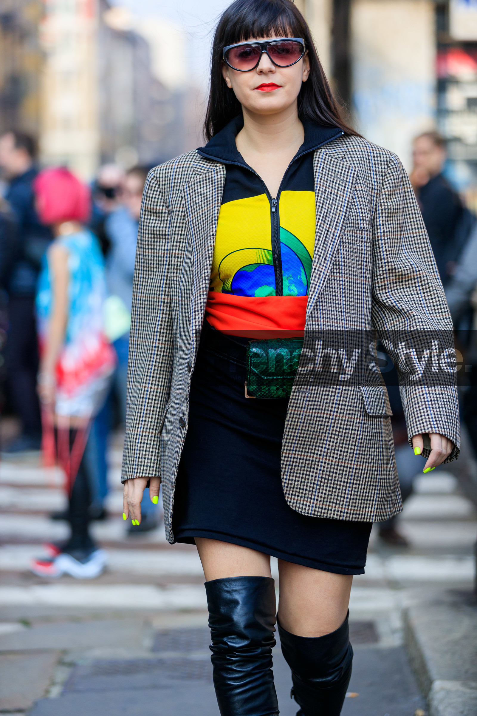 black shoes, black skirt, blazer, brown jacket, checked, fanny pack, graphic jacket, green bag, high boots, leather bag, leather shoes, plaid, printed jacket, printed sweater, sunglasses, fashion week, frenchystyle, FW, jonathan paciullo, street style, MFW, MILAN, AUTUMN WINTER 2019-2020, AW 19-20, FALL WINTER 2019-2020, FW 19-20, vertical, atmosphere details, detail