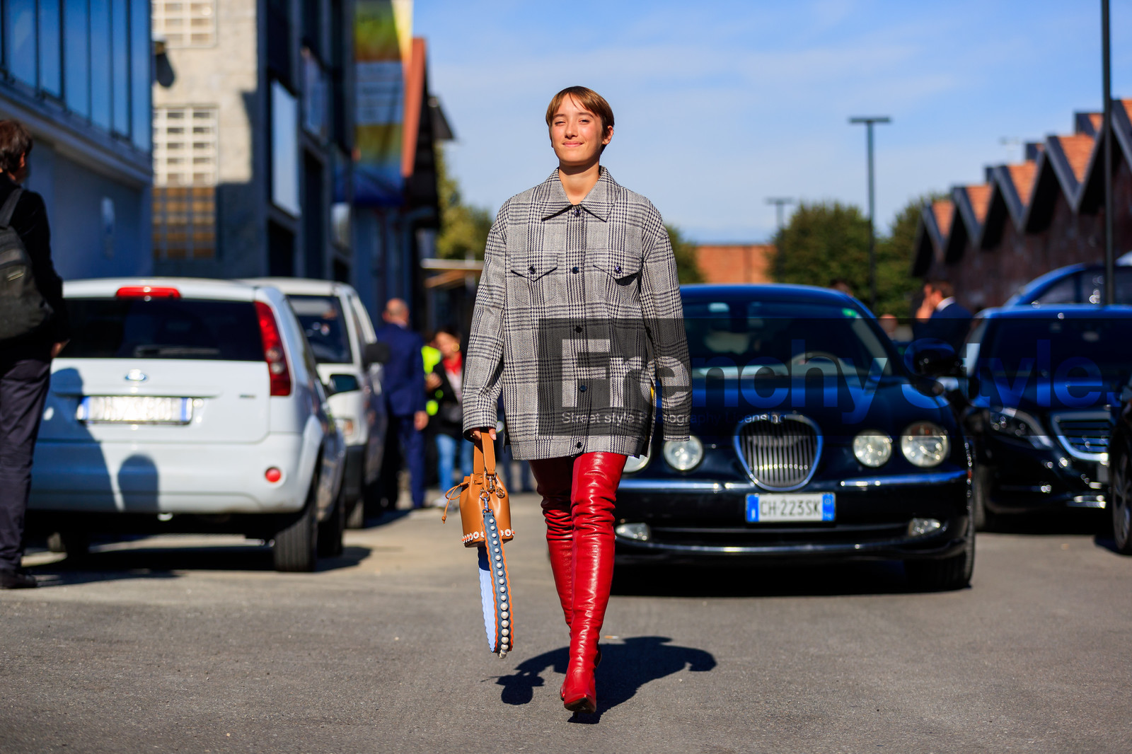 atmosphere details, brown bag, checked jacket, fashion week, frenchystyle, full length, FW, graphic jacket, grey jacket, high boots, high heels, horizontal, houndstooth pattern, jonathan paciullo, leather bag, leather shoes, MFW, MILAN, plaid, printed jacket, red shoes, SPRING SUMMER 2018, SS 18, street style