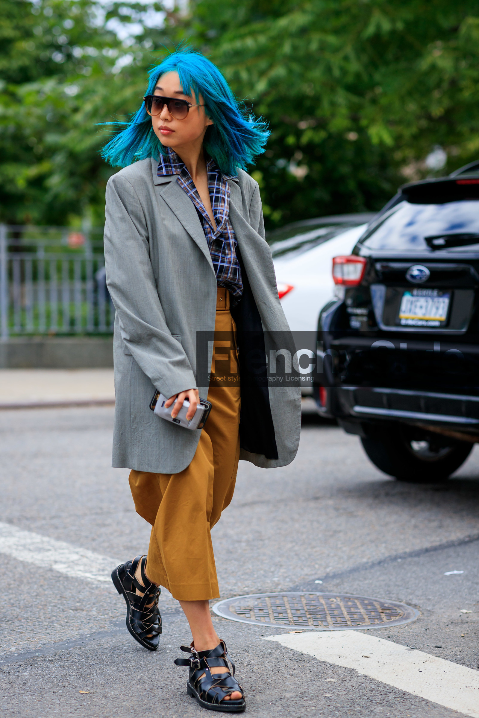 black shoes, blazer, blue hair, blue shirt, brown skirt, checked, dyed hair, grey jacket, high waist, leather shoes, Margaret Zhang, plaid, printed shirt, sunglasses, street style, jonathan paciullo, FW, frenchystyle, fashion week, NEW YORK, NYFW, SPRING SUMMER 2020, SS 20, vertical, full length