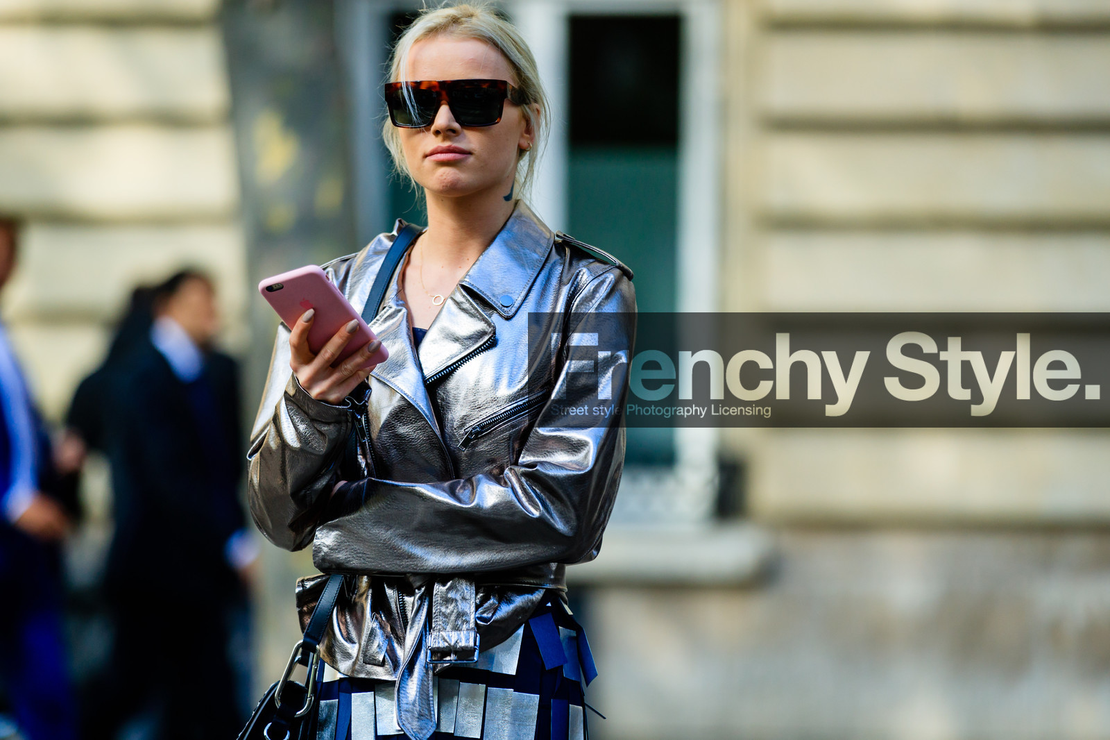 atmosphere details, caroline daur, detail, embroidered skirt, fashion week, frenchystyle, FW, horizontal, iphone, jonathan paciullo, leather bag, leather jacket, leather perfecto, metallic skirt, PARIS, PFW, shiny skirt, silver jacket, silver skirt, SPRING SUMMER 2017, SS 17, street style, sunglasses