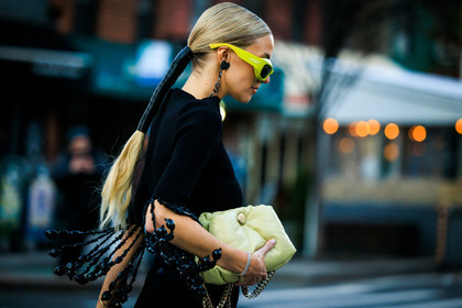saint laurent logo earrings, puffy green pouch, green sunglasses, jacket, details, hairstyle, hair style, hair lace, leonie hanne, fashion week, frenchystyle, FW, jonathan paciullo, street style, NYFW, NEW YORK, AUTUMN WINTER 2022-2023, FALL WINTER 2022_2023, FW 22-23, atmosphere details, horizontal