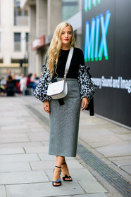 black and white, black sandals, black shoes, black top, checked skirt, fashion week, frenchystyle, full length, FW, gingham, graphic skirt, high heels, high waist, jonathan paciullo, kate foley, leather bag, leather shoes, LFW, LONDON, oversize, plaid, prada, printed skirt, printed top, SPRING SUMMER 2017, SS 17, street style, vertical, white bag, woman