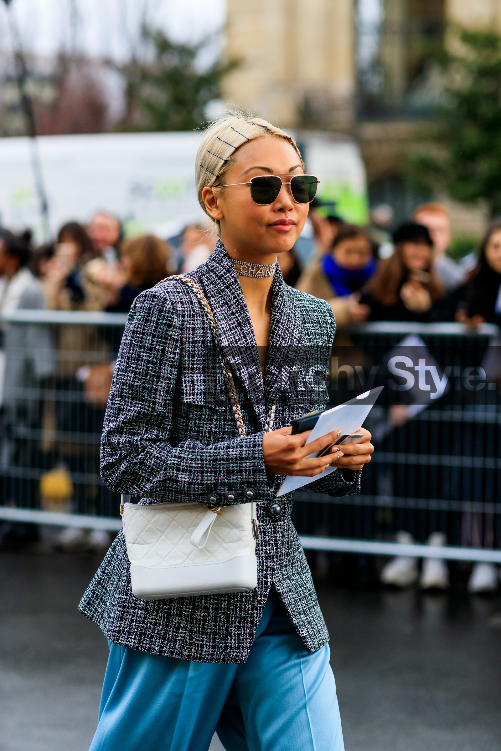 blazer, blue pants, chanel, choker, graphic jacket, grey jacket, hair clip, leather bag, necklace, printed jacket, sunglasses, trousers, tweed jacket, vanessa hong, white bag, PARIS, PFW, street style, jonathan paciullo, FW, frenchystyle, fashion week, AUTUMN WINTER 2019-2020, AW 19-20, FALL WINTER 2019-2020, FW 19-20, vertical, atmosphere details, detail