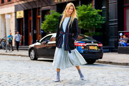 ada kokosar, atmosphere details, black jacket, embroidered jacket, embroideries, fashion week, frenchystyle, full length, FW, grey boots, horizontal, jonathan paciullo, long dress, NEW YORK, NYFW, SPRING SUMMER 2018, SS 18, street style, white dress